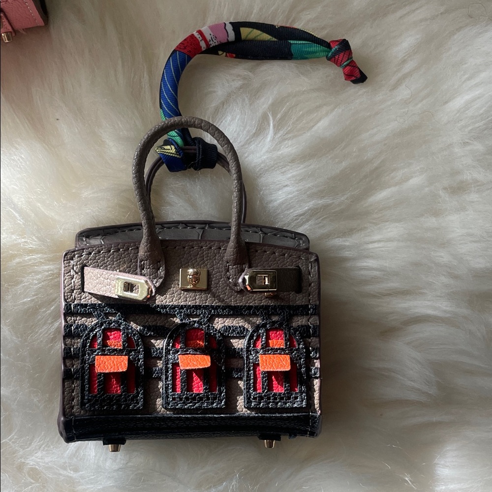 Taupe Mini charm accessory bag with Multicolor Embroidered Detail